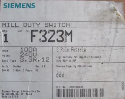 NEW SIEMENS F323M SAFETY SWITCH 100A 240VAC 3-POLE