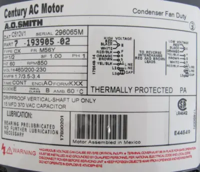 NEW AO SMITH C512V1 CONDENSER MOTOR 460V/200-230 4MA25 850RPM 1/2HP