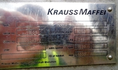 Krauss-Maffei HZ 100/2.0 Si peeler centrifuge, 316SS.