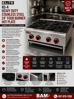 ELITE HS-4 Heavy Duty Stainless Steel 24" Four Burner Hot Plate