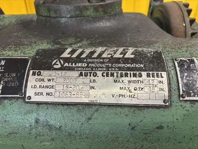 2,000 LBS X 12" LITTELL MODEL #20-12 DOUBLE END PULL OFF UNCOILER COIL REEL: STOCK #23712