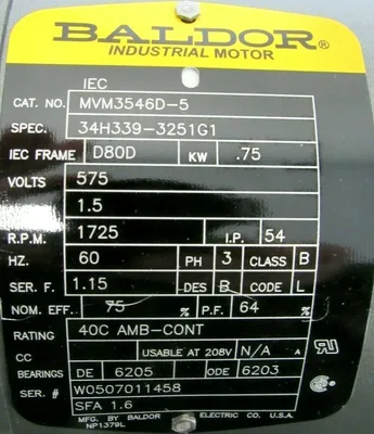 NEW BALDOR MVM3546D-5 MOTOR 3/4HP 575V 1725RPM 3/4" DIA.