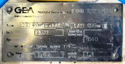 Westfalia CSC 20-06-476 hydro-hermetic clarifier skid.