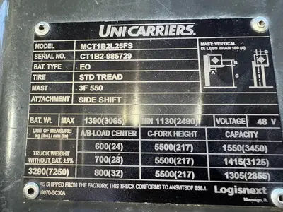 Used 2022 UNICARRIERS MCT1B2L25FS 4-Wheel Sit down Electric Counterbalance Forklifts California US | Ben Kaplan Equipment #1457589