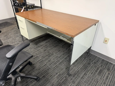 Lot including (1) 60" width x 29" height x 30" depth steel framed desk with 2 drawers (1 is a file d...