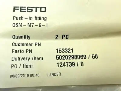 QSM-M7-6-I | Festo  Push-In Fitting 153321 LOT OF 2 - New