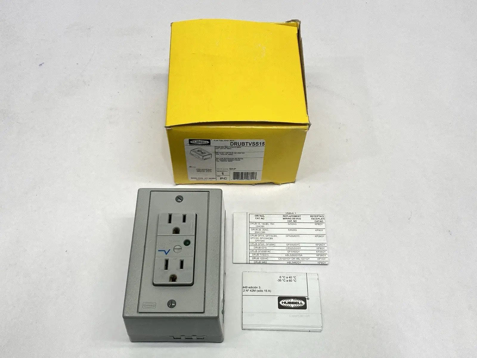 USED HUBBELL DIN RAIL UTILITY BOX COMPLETE UNIT TVSS DIN RAIL BOX 15A TVSS