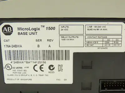 Allen Bradley 1764-24BWA MicroLogix 1500 Base 24 Point Controller Ser B Rev A