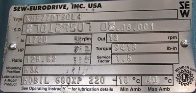NEW SEW EURODRIVE KHF77DT90L4 GEARMOTOR DFT90L4 128.52:1 2HP