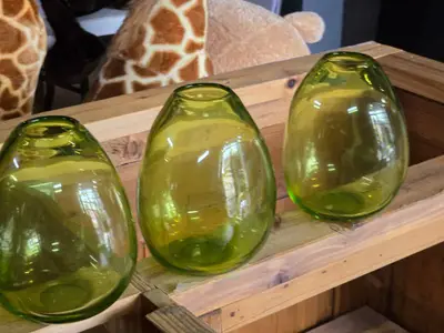 Lot of (4) Handblown Art Glass Table Vases by Holmegaard 6" x 7" (green) (rounded triangle)