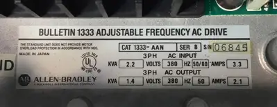ALLEN BRADLEY 1333-AAN /B Adjustable Frequency Drive Out: 3Ph 1.4KVA 2.1A. 1B