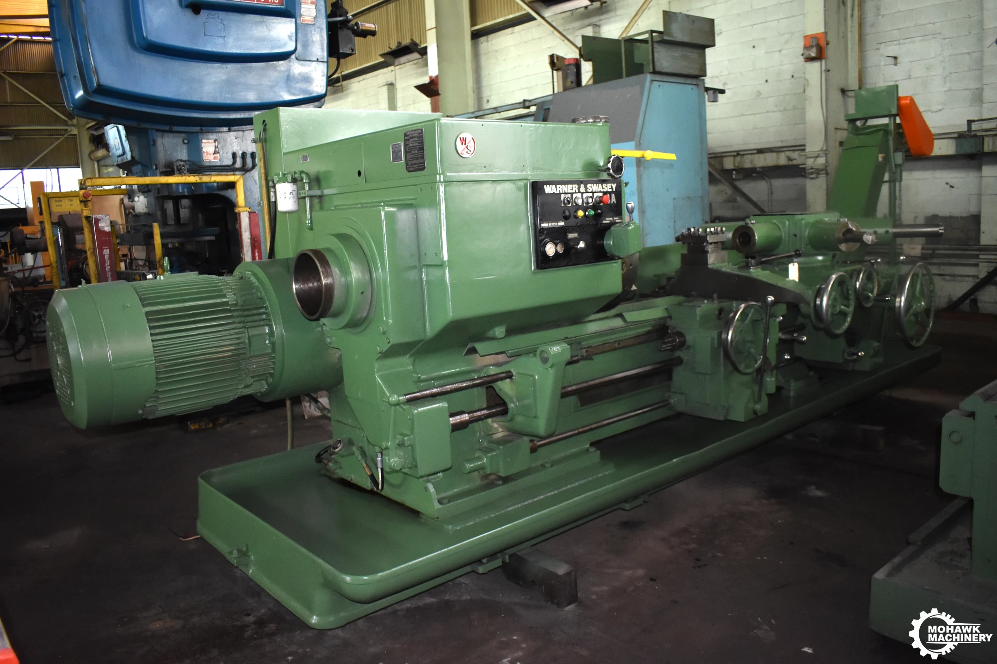 4A WARNER & SWASEY "M3550 EXTRA HEAVY-DUTY" SQUARE-HEAD SADDLE-TYPE TURRET LATHE w/9.3" HOLE THRU SPINDLE - CROSS-SLIDING TURRET - TAPER ATTACHMENT -24" 3-JAW CHUCK