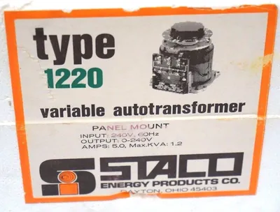NEW STACO TYPE: 1220 VARIABLE TRANSFORMER 240V, 60HZ, 1.2KVA MAX