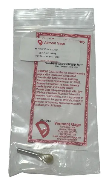 Vermont Gage 6-40 UNF 3A STL GO Set Plug Gage USA Made