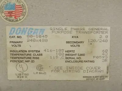 Dongan 80-1045 Single Phase Transformer 2KVA HV 240x480V LV 120/240V 1PH Type 3R