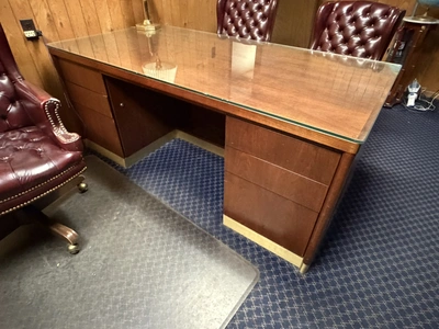 Lot of executive office furniture, includes (1) 72" desk, (1) 72" credenza, (1) rolling padded seat ...