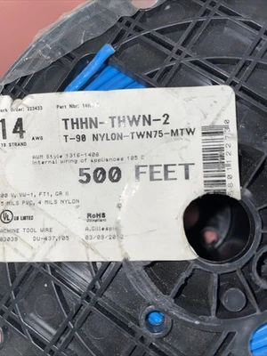 14 AWG Blue Machine Wire 500 ’ PN/14N041 Fast Shipping!+Warranty