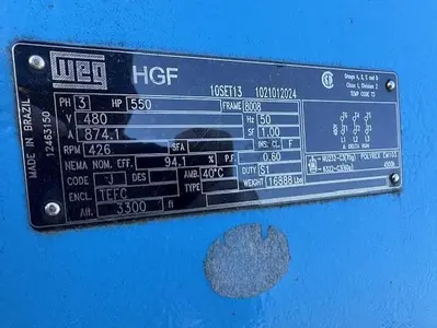 WEG 550 HP @ 426 RPM 50 Hz Electric Motor SN 1021012024