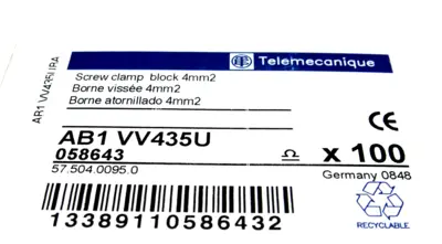 NEW BOX OF 100 TELEMECANIQUE AB1-VV435U TERMINAL BLOCKS AB1VV435U