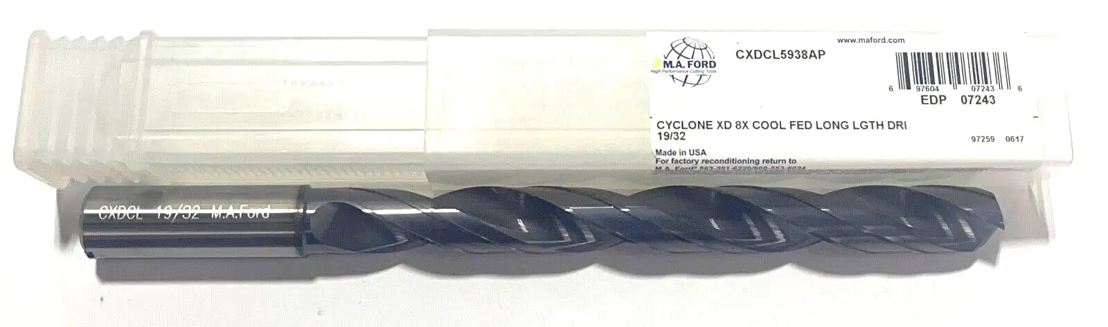 M.A. Ford 19/32 Solid Carbide Drill 8xD Coolant Thru Long Length Altima Plus 2FL