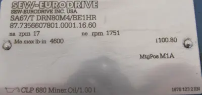 NEW SEW EURODRIVE SA67/T DRN80M4/BE1HR GEARMOTOR 230/460V 100.80