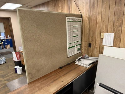 Contents of office furniture, includes (1) 78" wooden desk, (1) credenza, 74" x 18.5", and (2) woode...