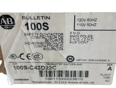 A / B 100S-C43D22C SAFETY CONTACTOR SER. A 100SC43D22C NEW, SURPLUS