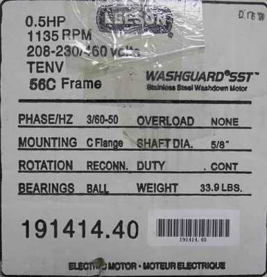 NEW LEESON 191414.40 MOTOR .5HP 1135RPM 208-230/460V 56C 5/8" DIA. C6T11NK7A