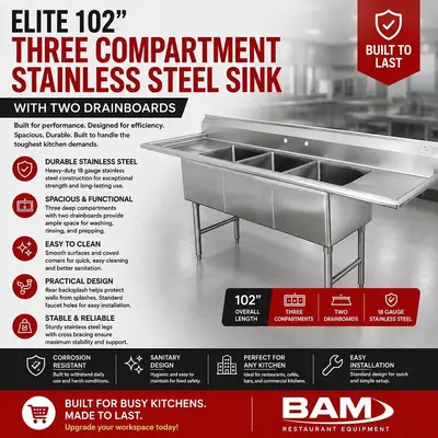 Elite 102” Three Compartment Stainless Steel Sink With Two Drainboards