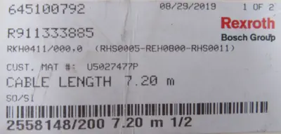 NEW REXROTH R911333885 CABLE RKH0411 7.20M