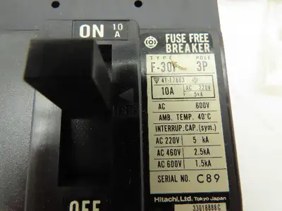 Hitachi F-30F Fuse Free Circuit Breaker 3-Pole 10 Amp 220/460/600VAC