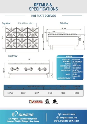 New | in-Stock Dukers New Dukers DCHPA36 Hot Plate with 6 Burners Hot Plates Illinois US | Falcon Restaurant Supply #1376247