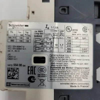 USED SCHNEIDER ELECTRIC SCHNEIDER ELECTRIC CIRCUIT BREAKER 1A-1.6A (GV2-RT06)