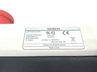 USED SIEMENS ENCLOSURE W/ E-STOP, DUAL ILLUMINATED PUSHBUTTONS