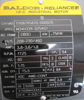 NEW BALDOR 0108295820-000020 MOTOR D80D 208-230/460V M34H339-3254G1 3/4" DIA.