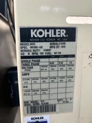 Kohler 60RZG 60 KW Gas Generator CNG / Propane GM 5.7 L gas engine 3 phase