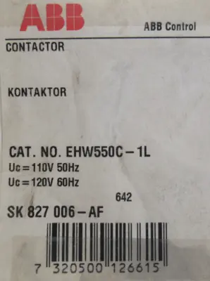 NEW ABB EHW550C-1L CONTACTOR SIZE W6 SK827006-AF EHW550C1L