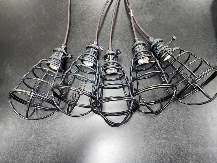 Used FalconRestaurantSupply Used Vintage Adjustable Pendant Lamp Fixture Black Cage (5) Restaurant Front of House Furnishings Illinois US | Falcon Restaurant Supply #1376756