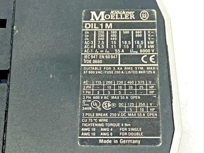 USED MOELLER CONTACTOR 3‑POLE 55A IEC 110V COIL
