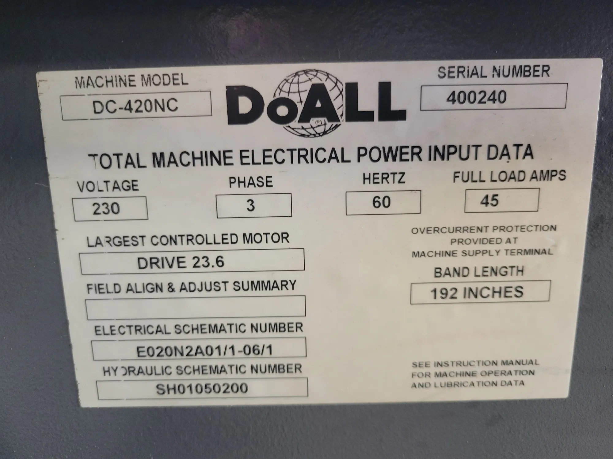 Used 2018 DOALL DC-420NC Horizontal Band Saws Illinois US | Myers Technology Co., LLC #1413397