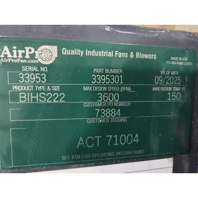 Used AIRPRO FAN & BLOWER COMPANY BIHS222 Centrifugal Fans West Virginia US | JM Industrial #1321866