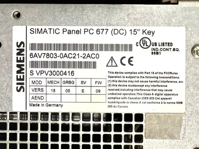 Siemens 6AV7803-0AC21-2AC0 SIMATIC PANEL PC 677 15" KEY (1.3.2)