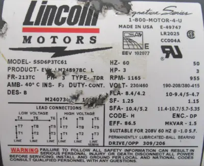 NEW LINCOLN MOTORS SSD6P3TC61 MOTOR 3HP 213TC 1165 RPM 230/460V