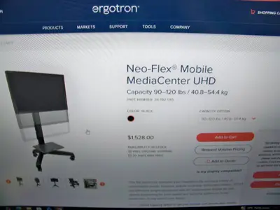 65" Samsung QB65R HDR 4K UHD (Ultra-High Def) Commercial Smart LED Display on Ergotron Neo-Flex Heavy-Duty Rolling TV Cart with Adjustable Shelf and Rotating TV Mount