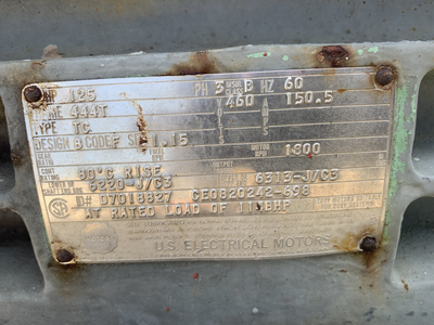 U.S. Electrical Company 125 Hp, 1800 RPM, Electric Motor