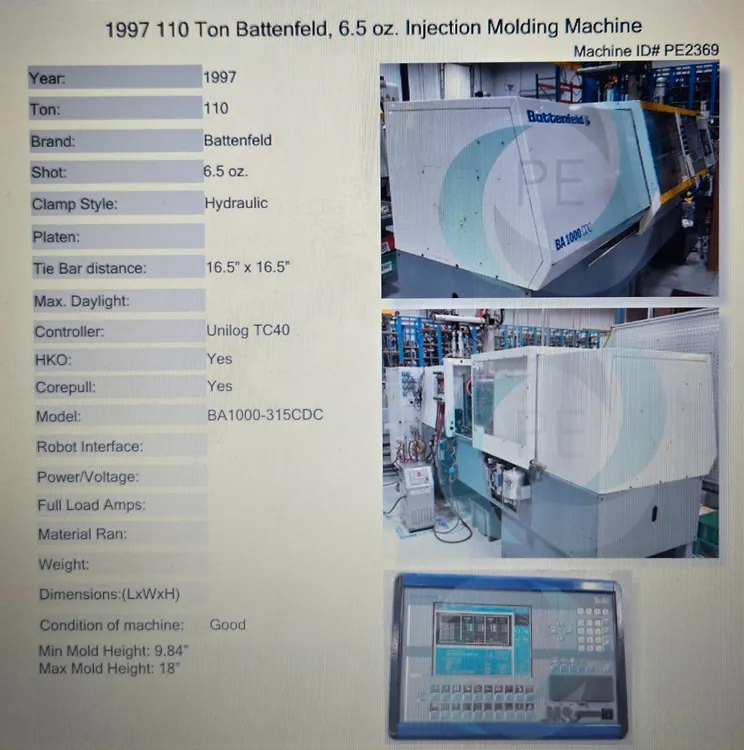 Used 1997 BATTENFELD BA1000/315 CDC Injection Molding Machines Arizona US | Midstate Machinery #274304