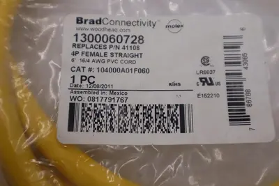 NEW BRAD HARRISON 104000A01F060 CORDSET 4 PIN 600V FEMALE STOCK H836