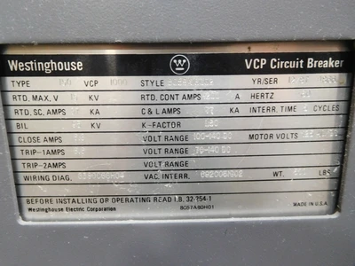 Used WESTINGHOUSE 150 VCP 1000 Circuit Breakers Ohio US | Equipment Recovery Corp. #1330488