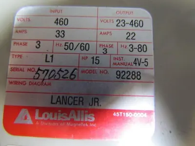 Louis Allis 92288 Lancer Jr Transistor Inverter drive 460V 3PH 15HP 50/60Hz