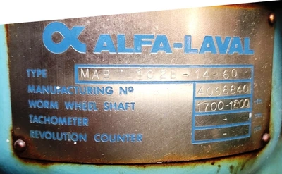 Alfa-Laval MAB 102B-14-60 oil purifier, SS bowl.